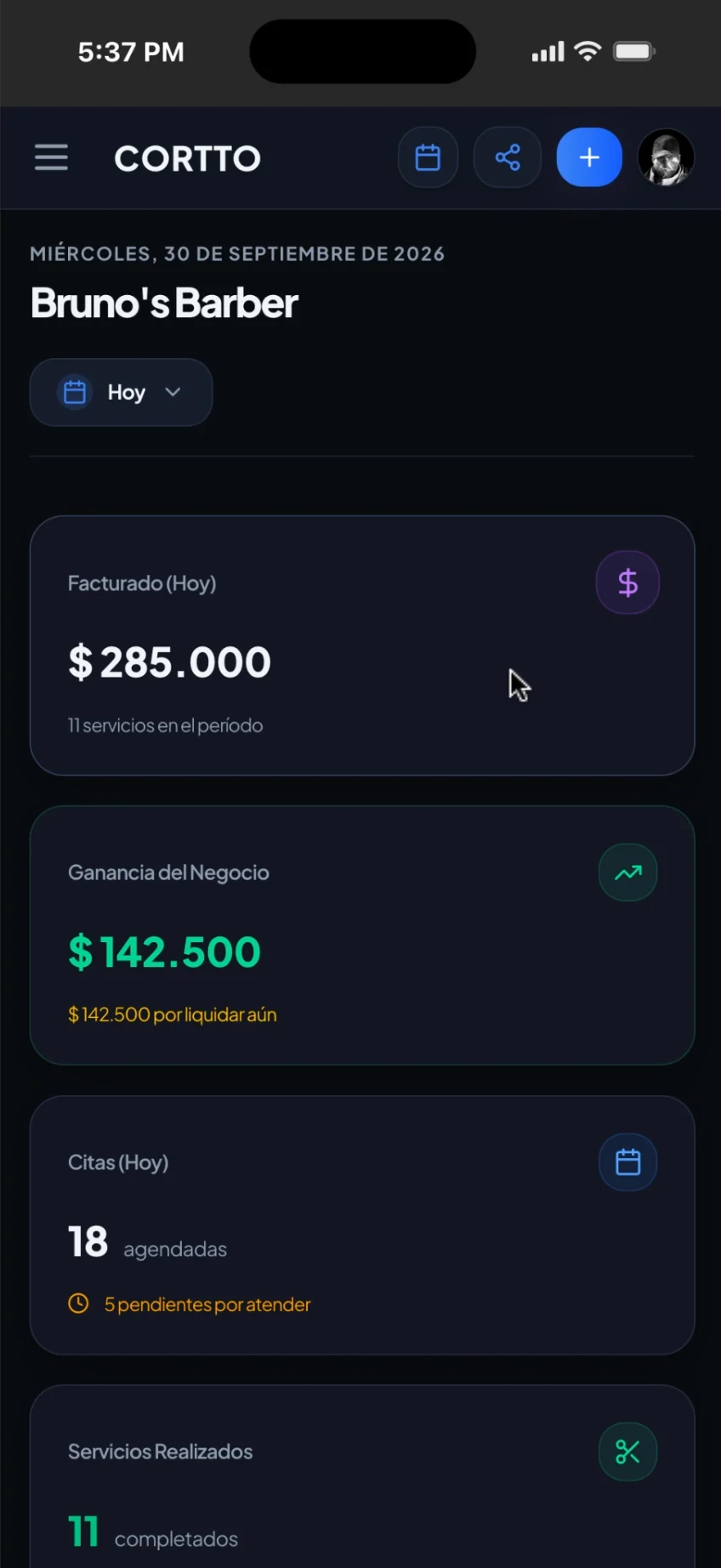 Panel de inicio de Cortto en el teléfono con el resumen del negocio