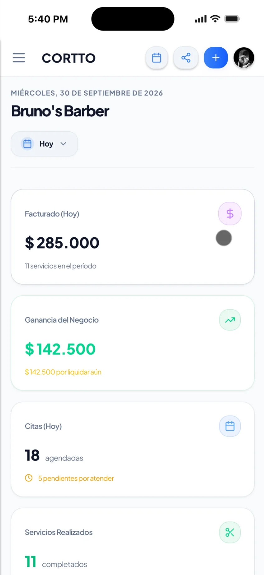 Panel de inicio de Cortto en el teléfono con el resumen del negocio
